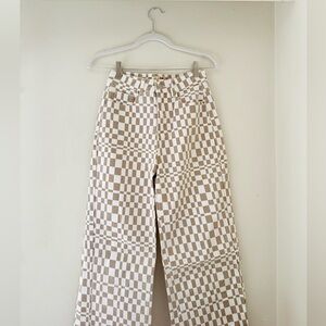 twik Beige and White Checkerboard Wide Leg Denim Pants
